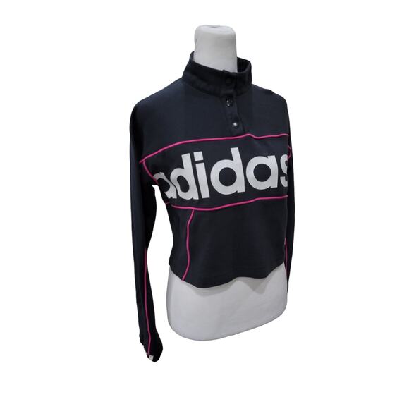 Adidas Cropped Sweatshirt Women’s XS Black Graphic Logo Athleisure Pullover - Picture 4 of 14